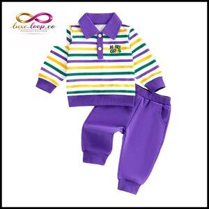 Toddler Long Sleeve Polo & Pants Set, Striped 2-Piece Outfit, 0-3 Years